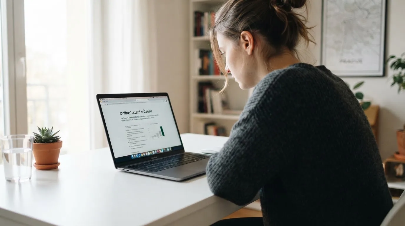 Člověk u notebooku čte informační stránku o online hazardu v Česku — 30, 50, 100, 150 free spinů bez vkladu