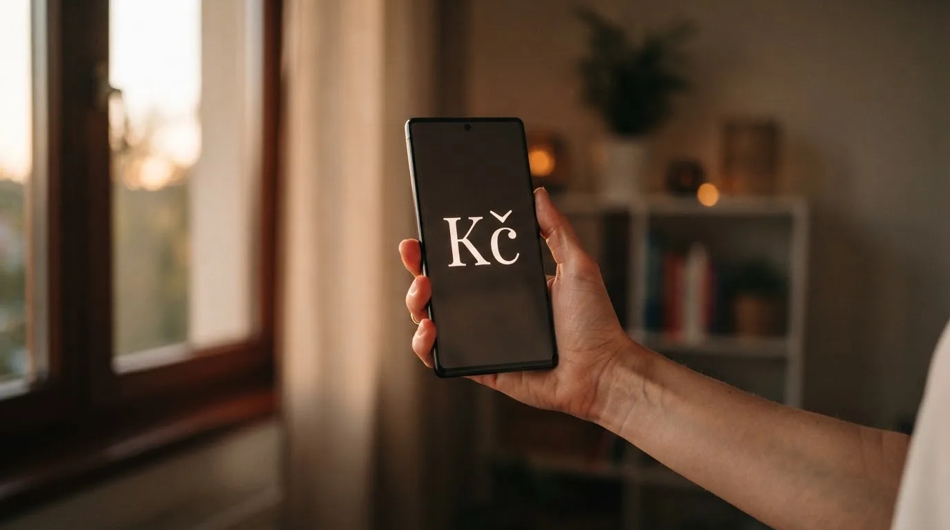 Ruka drží chytrý telefon u okna, klidné večerní světlo — bezpečné zahraniční casino pro české hráče