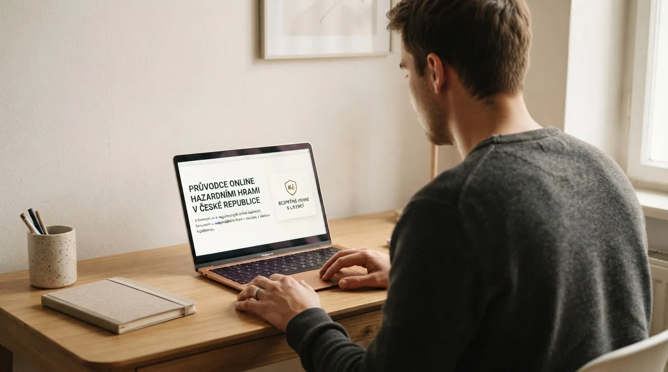 Člověk u notebooku čte informační stránku o online hazardu v Česku — bonus za založení účtu casino