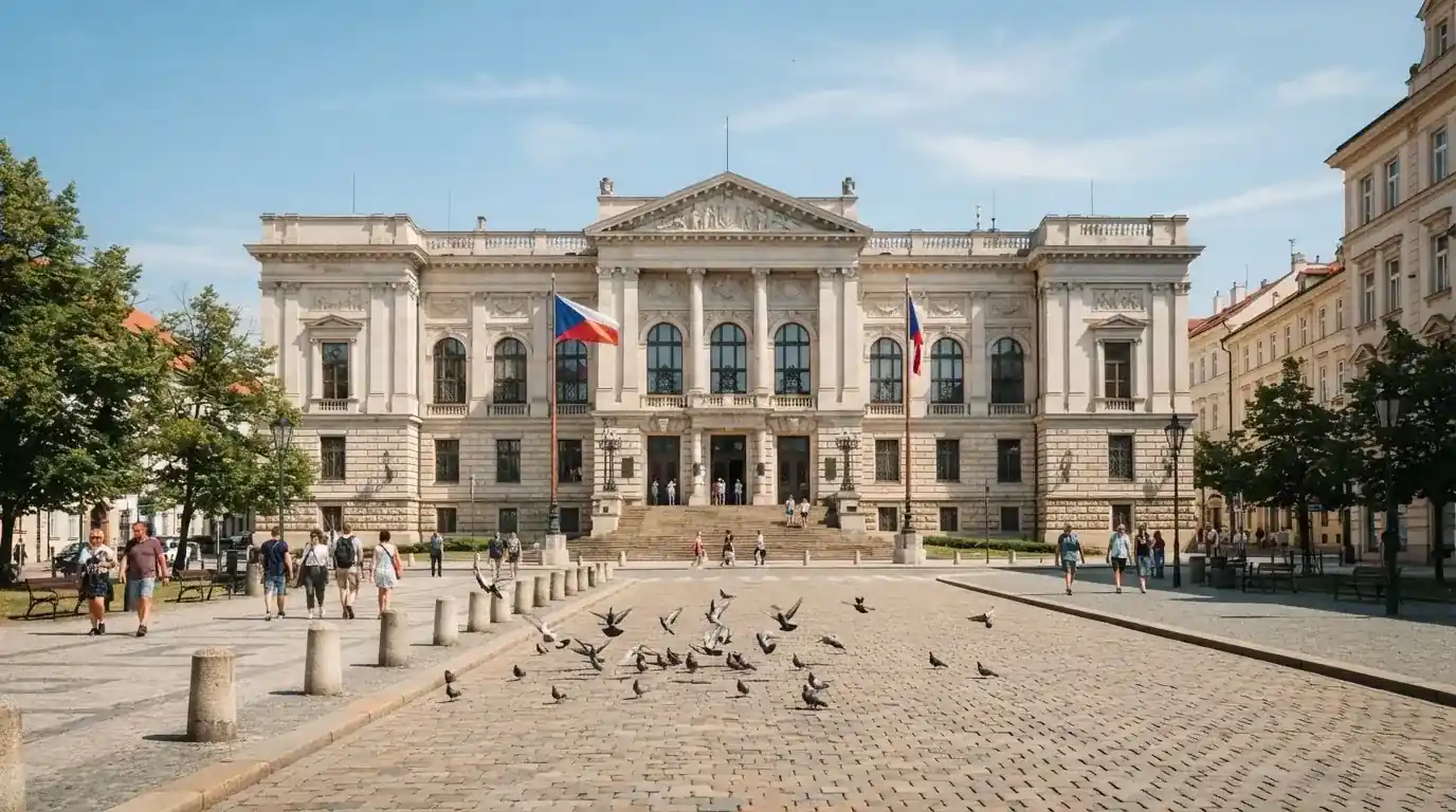 Historická úřední budova s vlajkami na slunečném náměstí — casina bez nutnosti vkladu s bonusem