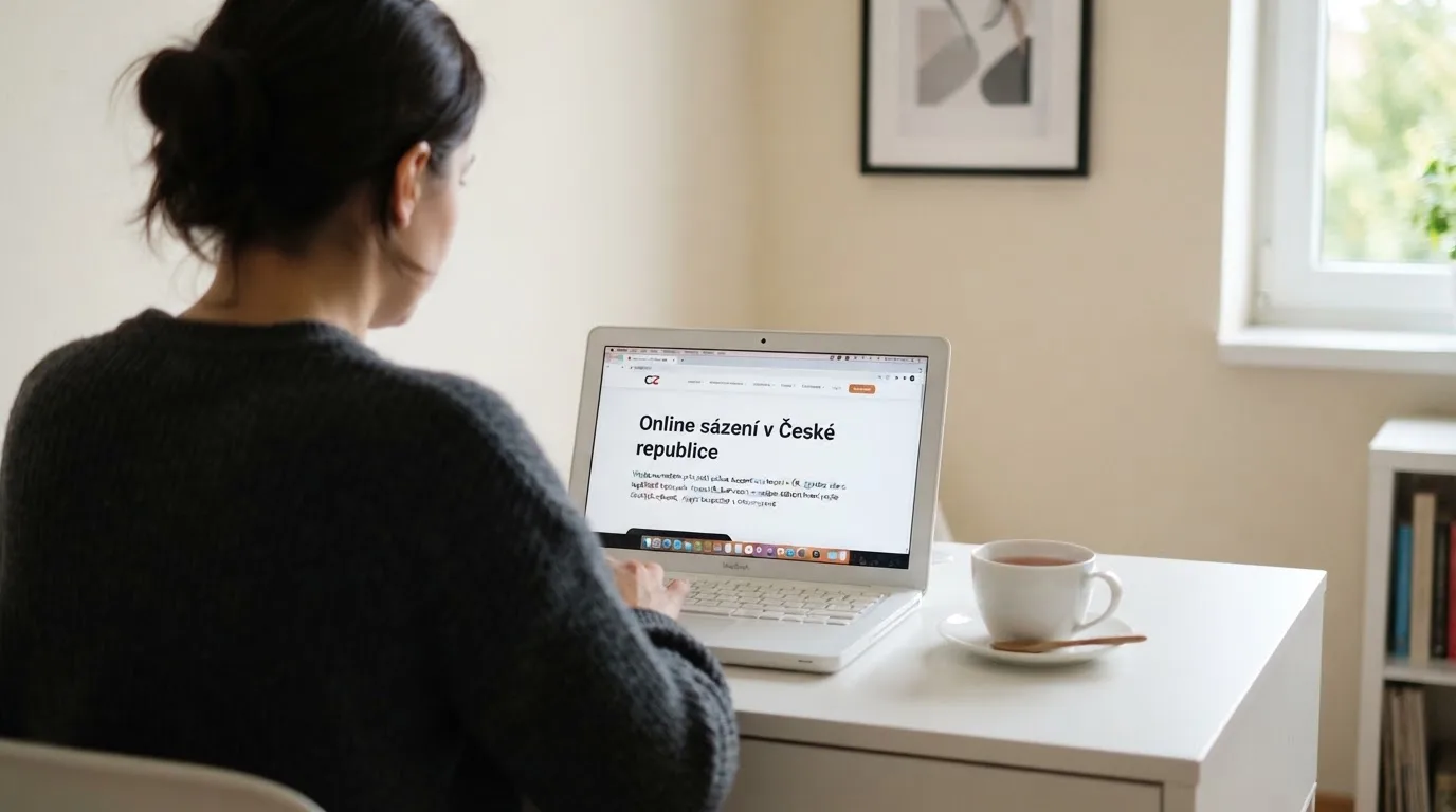 Člověk u notebooku čte informační stránku o online hazardu v Česku — casina online bez ověření totožnosti