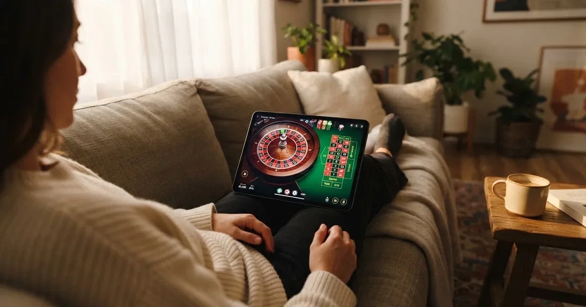 Hráč na gauči s tabletem, šálek kávy na stolku, teplé světlo — casina promo kód bez vkladu