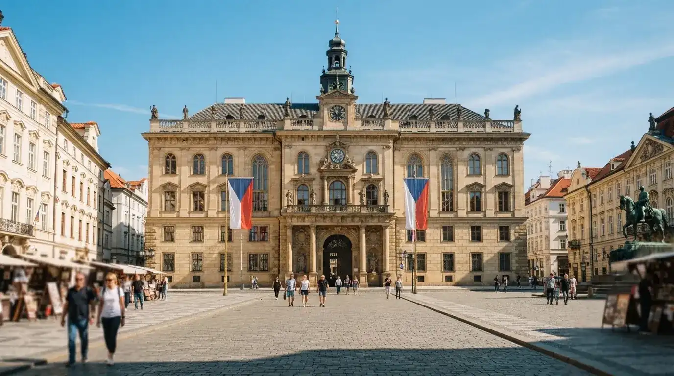 Historická úřední budova s vlajkami na slunečném náměstí — casina promo kód bez vkladu