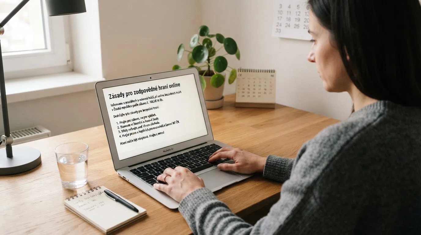 Člověk u notebooku čte informační stránku o online hazardu v Česku — casina promo kód bez vkladu