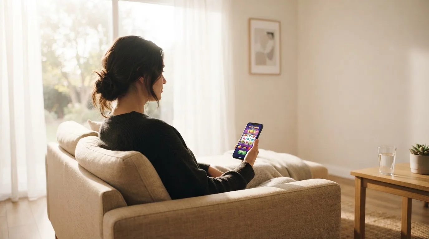 Žena v obývacím pokoji drží telefon a zamyšleně hledí z okna za dne.