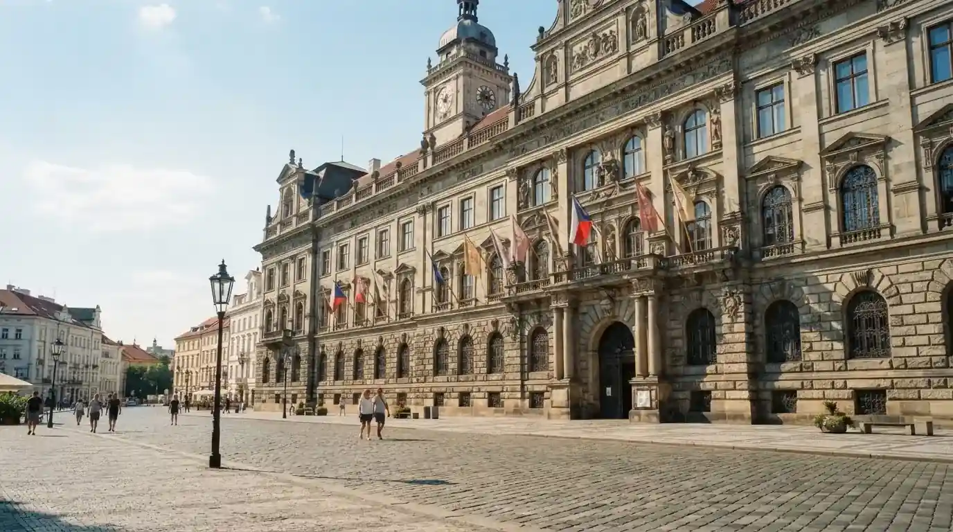 Historická úřední budova s vlajkami na slunečném náměstí — casino minimální vklad 1, 5, 10 euro
