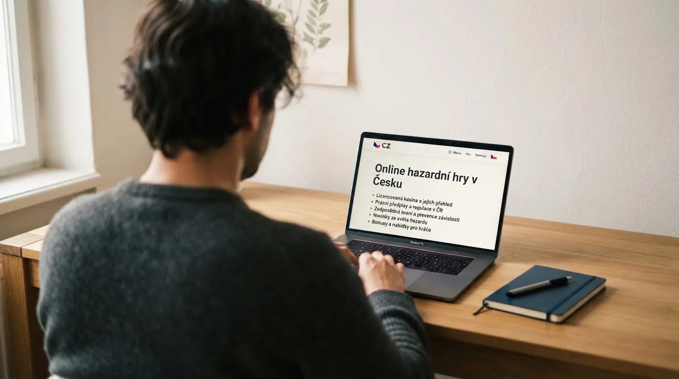 Člověk u notebooku čte informační stránku o online hazardu v Česku — casino minimální vklad 1, 5, 10 euro
