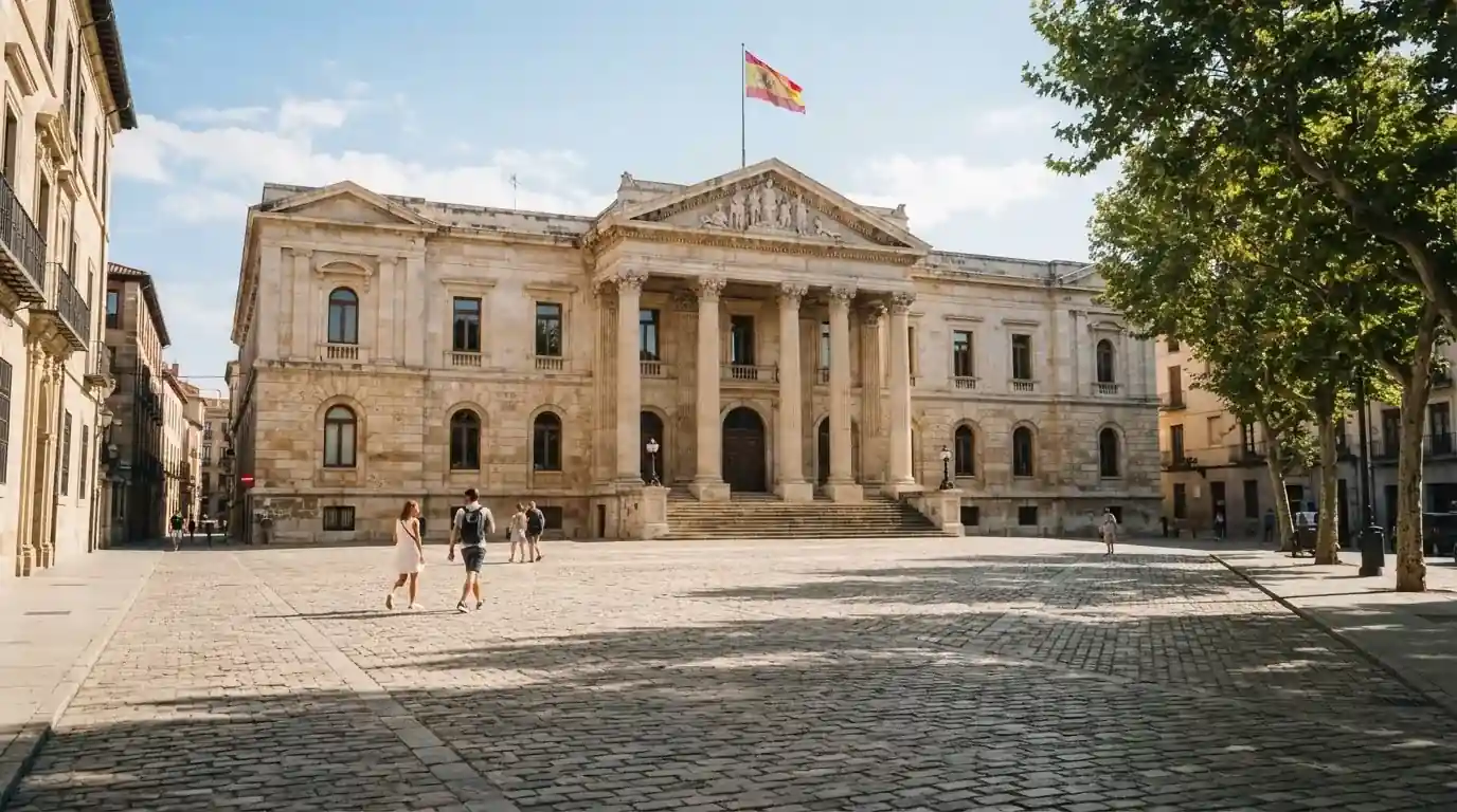 Kamenná budova s sloupy a vlajkou stojí na náměstí za jasného dne.