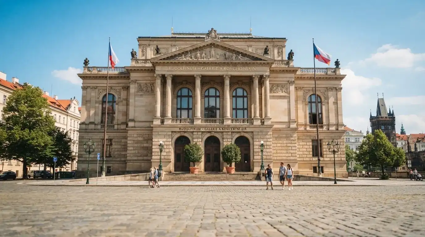 Historická úřední budova s vlajkami na slunečném náměstí — casino platba paysafecard