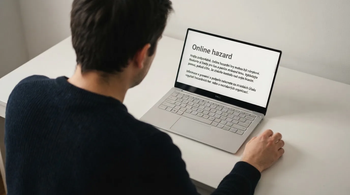 Člověk u notebooku čte informační stránku o online hazardu v Česku — casino platba paysafecard
