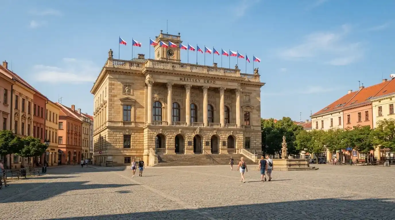 Historická úřední budova s vlajkami na slunečném náměstí — hrací automaty hrací automaty zdarma online