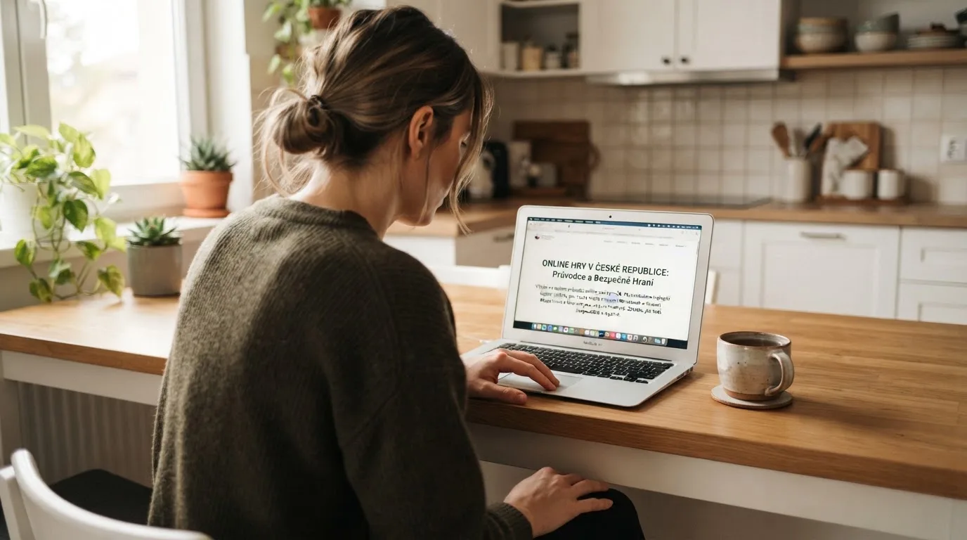 Člověk u notebooku čte informační stránku o online hazardu v Česku — hrací automaty hrací automaty zdarma online