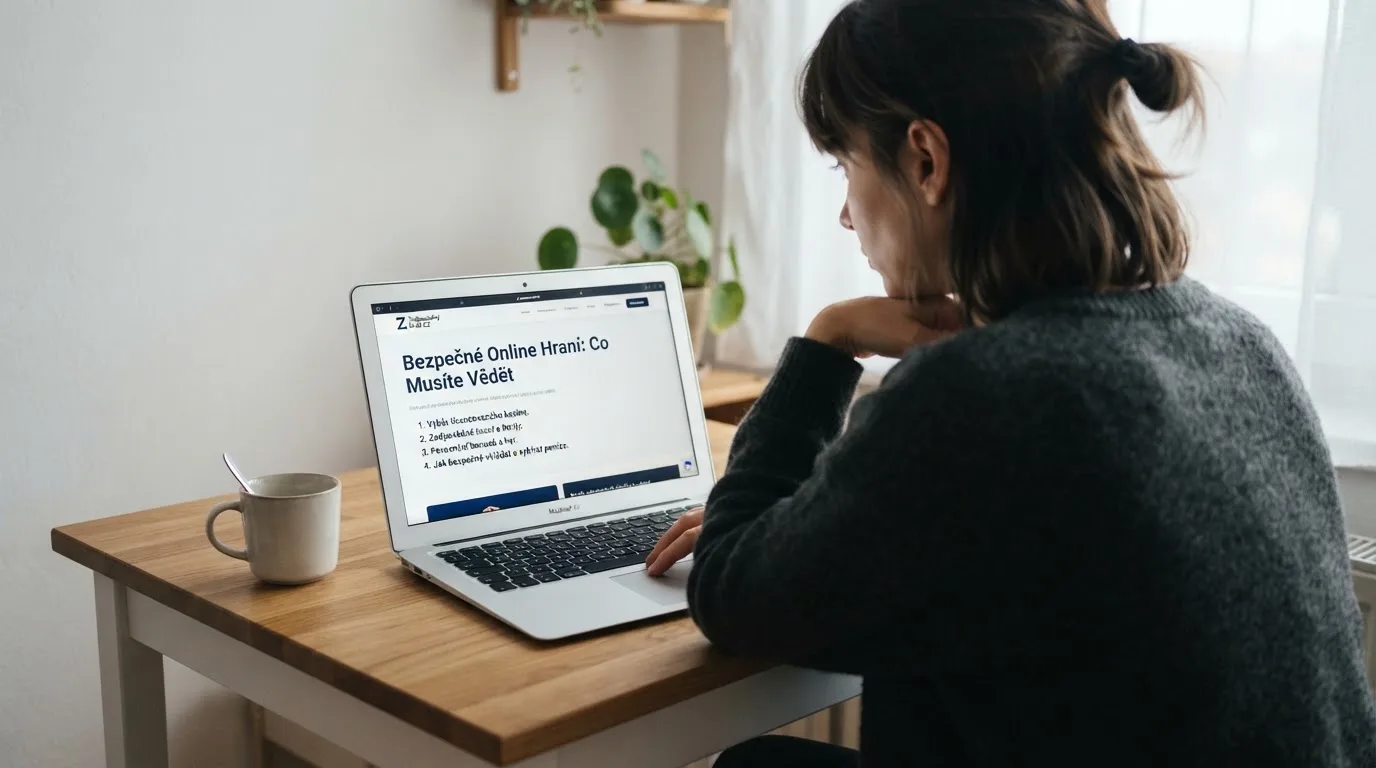 Člověk u notebooku čte informační stránku o online hazardu v Česku — hrací automaty zdarma ke stažení