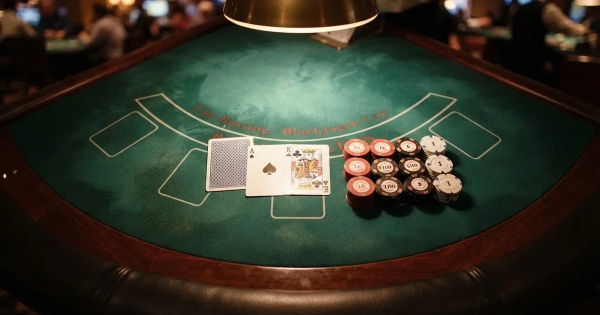 Osvětlený herní stůl s kartami a žetony shora — live blackjack pro české hráče