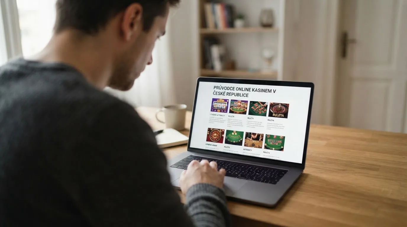 Člověk u notebooku čte informační stránku o online hazardu v Česku — nejlepší automaty online za peníze