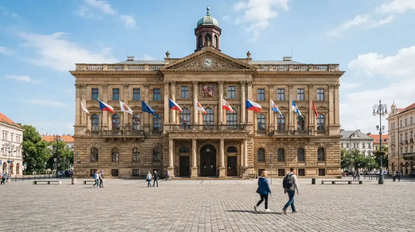 Historická úřední budova s vlajkami na slunečném náměstí — nejlepší krypto casino pro české hráče