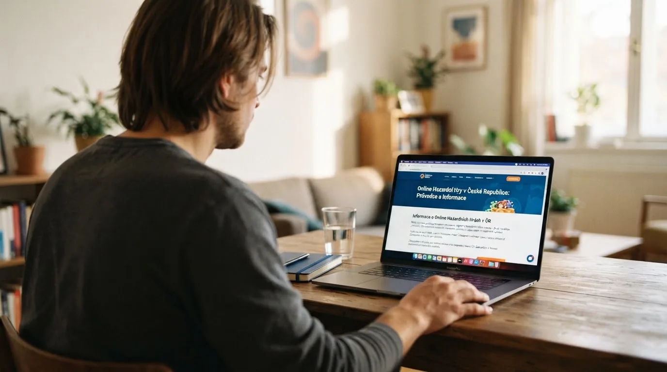Člověk u notebooku čte informační stránku o online hazardu v Česku — nejlepší krypto casino pro české hráče