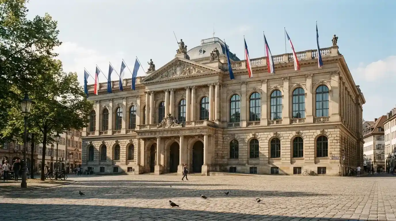 Historická úřední budova s vlajkami na slunečném náměstí — nejlepší live casino CZ