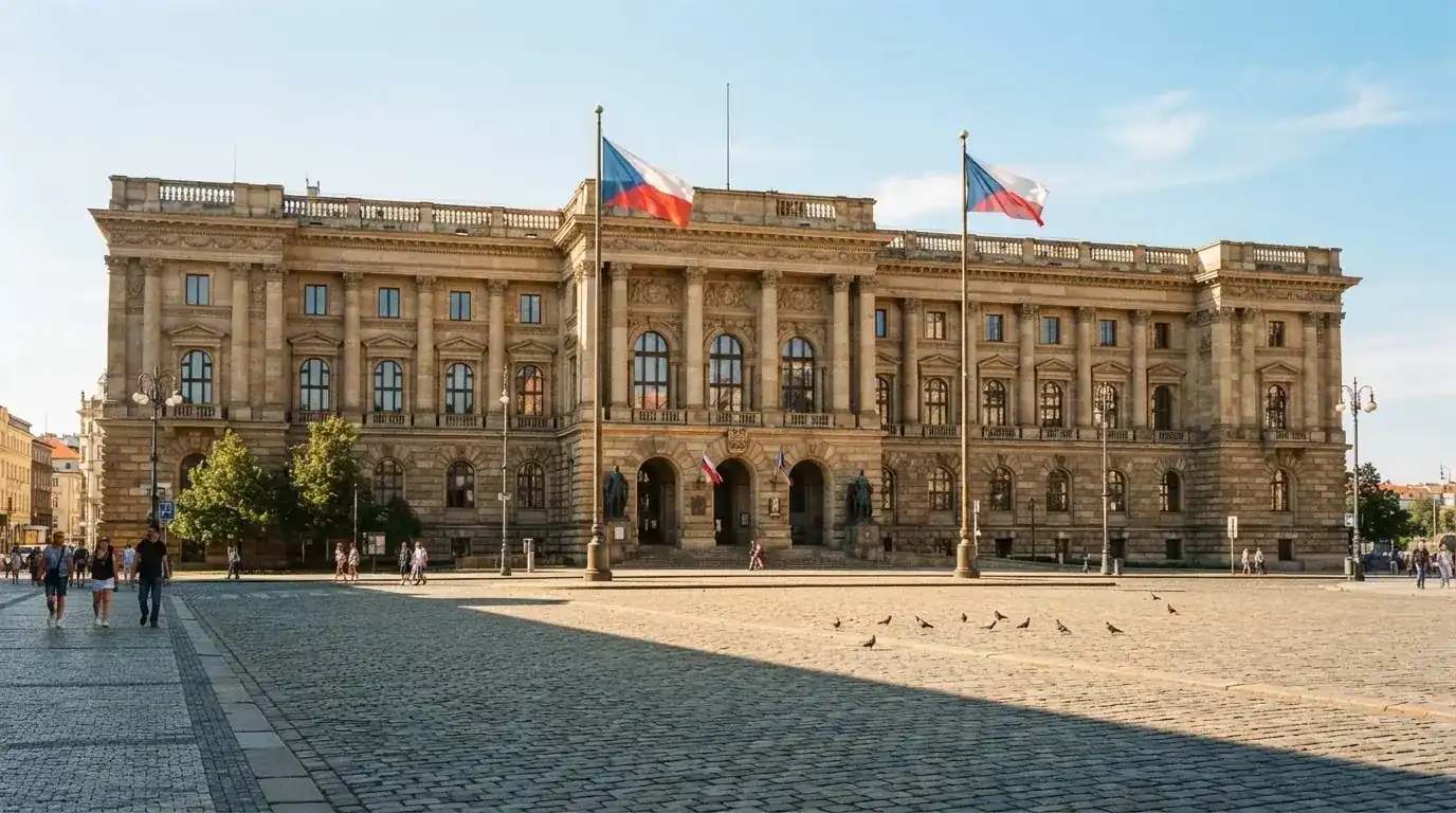 Historická úřední budova s vlajkami na slunečném náměstí — nejlepší mobilní online kasino česká republika