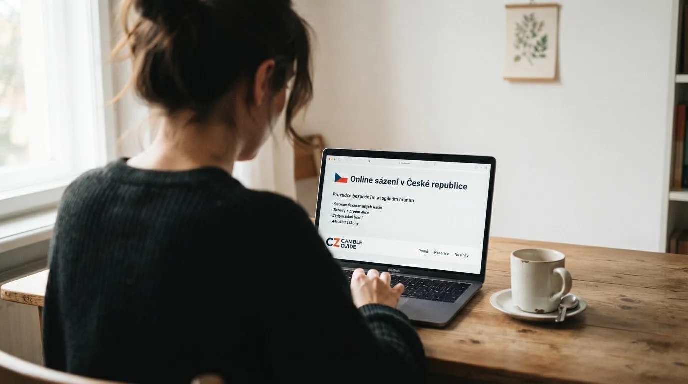 Člověk u notebooku čte informační stránku o online hazardu v Česku — nejlepší mobilní online kasino česká republika