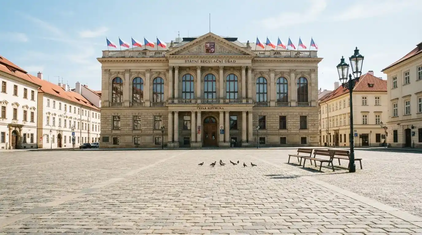 Historická úřední budova s vlajkami na slunečném náměstí — nejlepší online casino CZ