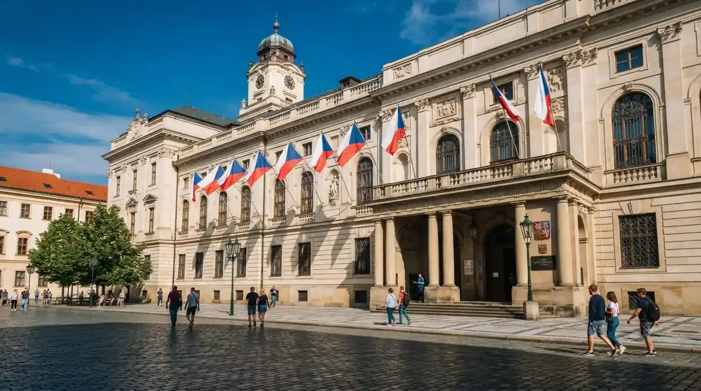 Historická úřední budova s vlajkami na slunečném náměstí — nejlepší online casino s vkladem přes bitcoin