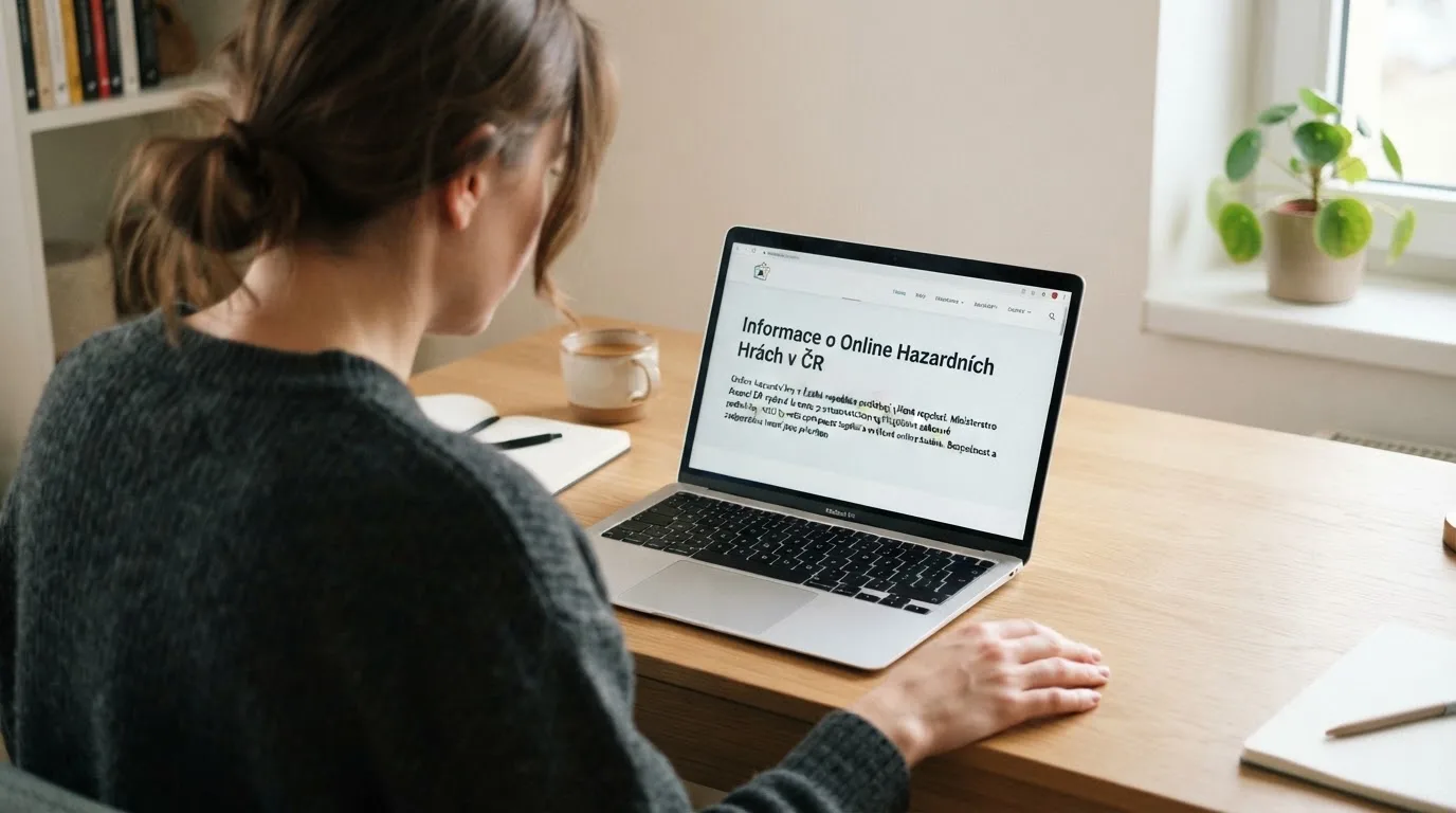 Člověk u notebooku čte informační stránku o online hazardu v Česku — nejlepší online casino s vkladem přes bitcoin
