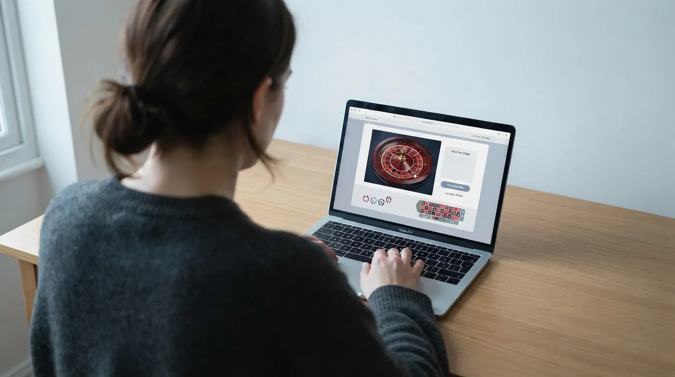 Člověk u notebooku čte informační stránku o online hazardu v Česku — nejlepší online casino za peníze